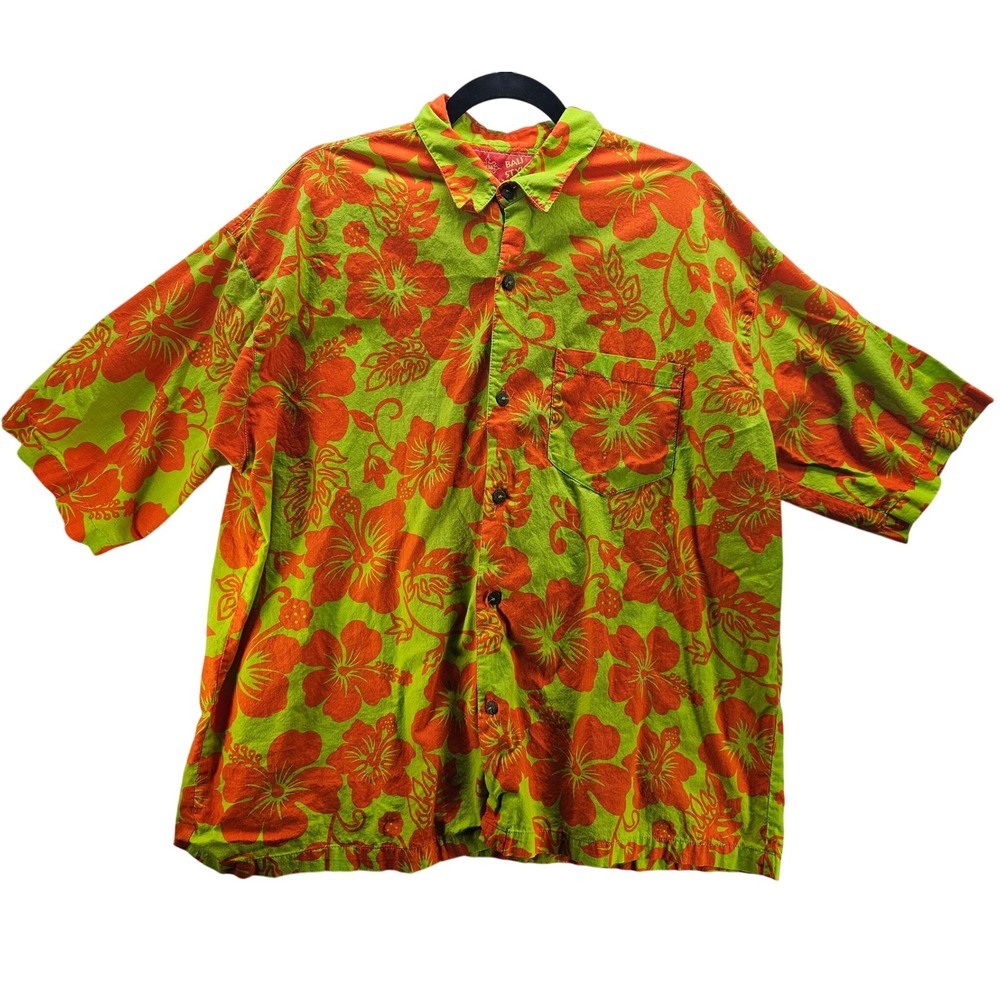 Bali Style Mens Hawaiian Shirt Orange Green Floral Short Sleeve Button Up‎